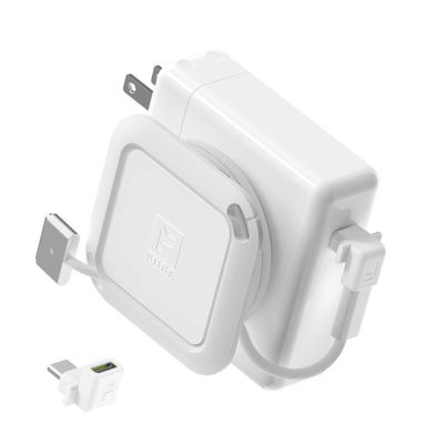 Fuse Reel The Side Kick Collapsible Charger Organizer With USB-C Right Angle Adapter Compatible with MacBook and PC charging cords and adapter cable management best computer winder (White w/Adapter)