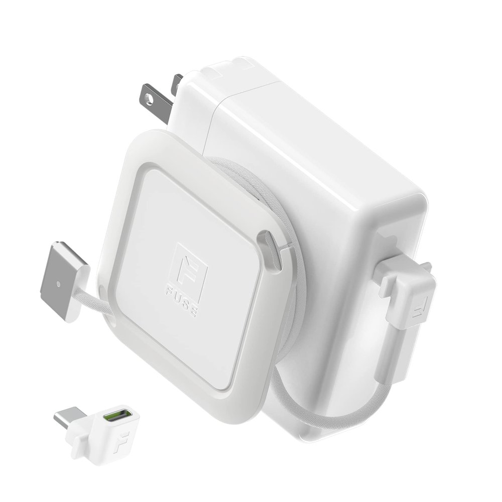 Fuse Reel The Side Kick Collapsible Charger Organizer With USB-C Right Angle Adapter Compatible with MacBook and PC charging cords and adapter cable management best computer winder (White w/Adapter)