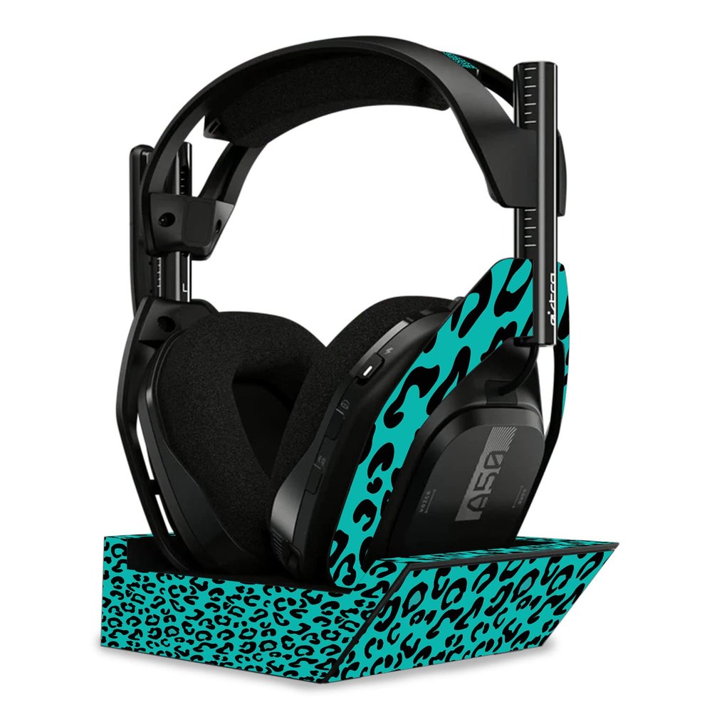 MightySkins Skin Compatible with Astro A50 Wireless Headphones + Base Station (Gen 4) - Teal Leopard | Protective, Durable, and Unique Vinyl Decal wrap Cover | Easy to Apply | Made in The USA