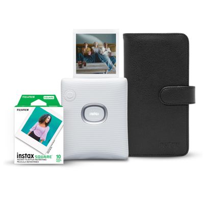 Instax Square Link Smartphone Printer Starter Kit - Ash White with Album and Instax Square Film (10 Exposures)