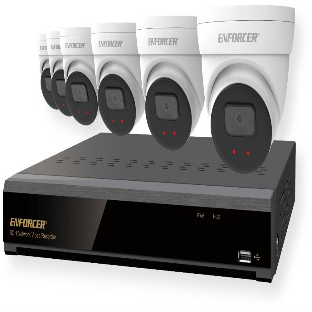 Seco-Larm DRN-K108-06 Enforcer NVR and Camera Kit; Includes: (1) DRN-108-2TB NVR with 2TB HDD, and (6) EV-N2506-2W4WQ White 5MP Turret Cameras