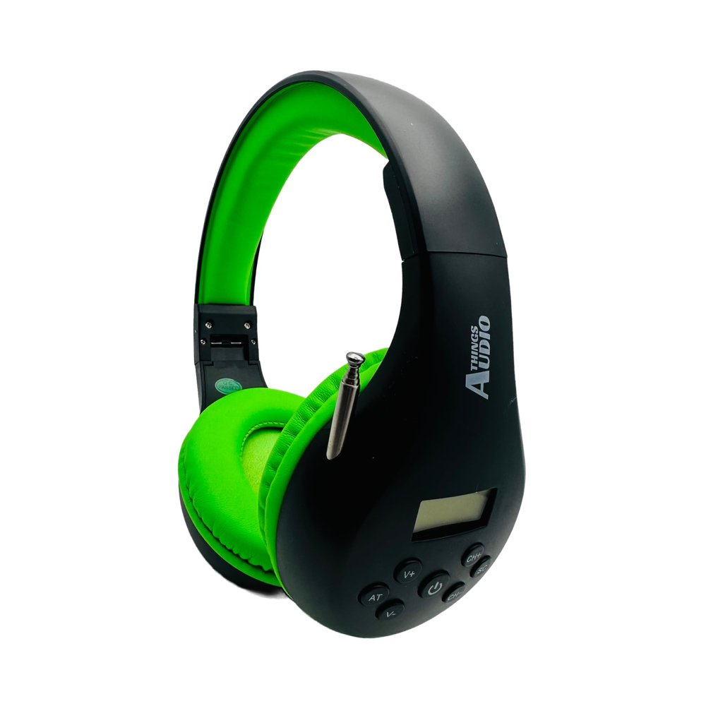 THINGS AUDIO Portable Personal FM Radio Headphones Pull-Out Antenna for Great Reception, Walking, Jogging, Relaxing, School, Talk Radio - Powered by 2AA Batteries (Not Included) (Black & Lime Green)
