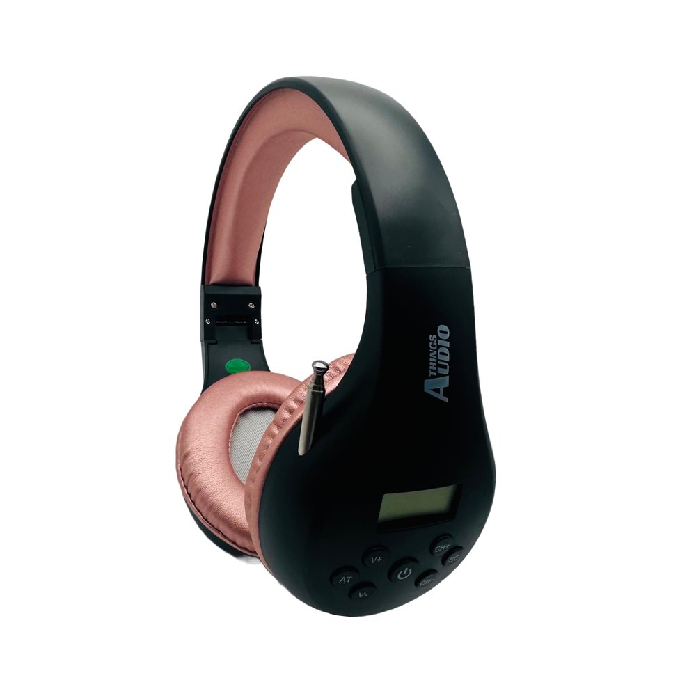 THINGS AUDIO Portable Personal FM Radio Headphones Pull-Out Antenna for Great Reception, Walking, Jogging, Relaxing, School, Talk Radio - Powered by 2AA Batteries (Not Included) (Black & Rose Gold)