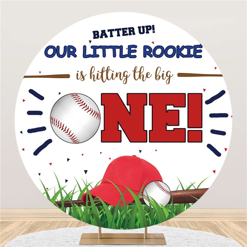 Laeacco 6.5x6.5ft Baseball 1st Birthday Round Backdrop Batter Up Our Little Rookie is Hitting The Big One Circle Backdrop Newborn Baby Boy Girl One Year Old Birthday Arch Background Party Decoration