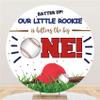 Laeacco 6.5x6.5ft Baseball 1st Birthday Round Backdrop Batter Up Our Little Rookie is Hitting The Big One Circle Backdrop Newborn Baby Boy Girl One Year Old Birthday Arch Background Party Decoration view 1
