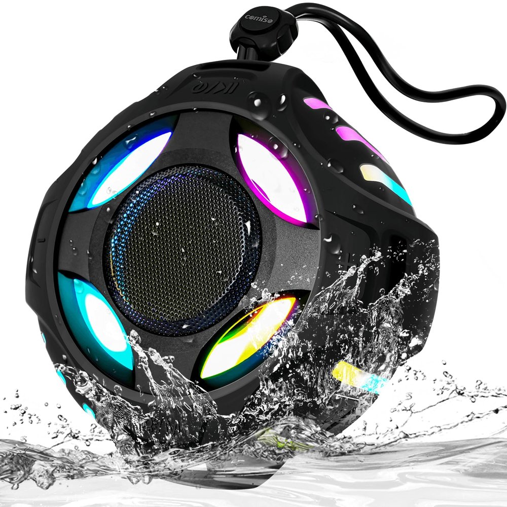 comiso Waterproof Speaker with Robust Bass, Shower Speaker with Dynamic Light, TWS Mode, Loud HD Sound, IP67 Waterproof, 2000mAh, Portable Wireless Speakers for Home, Outdoor/Kayak, Gift for Unisex.