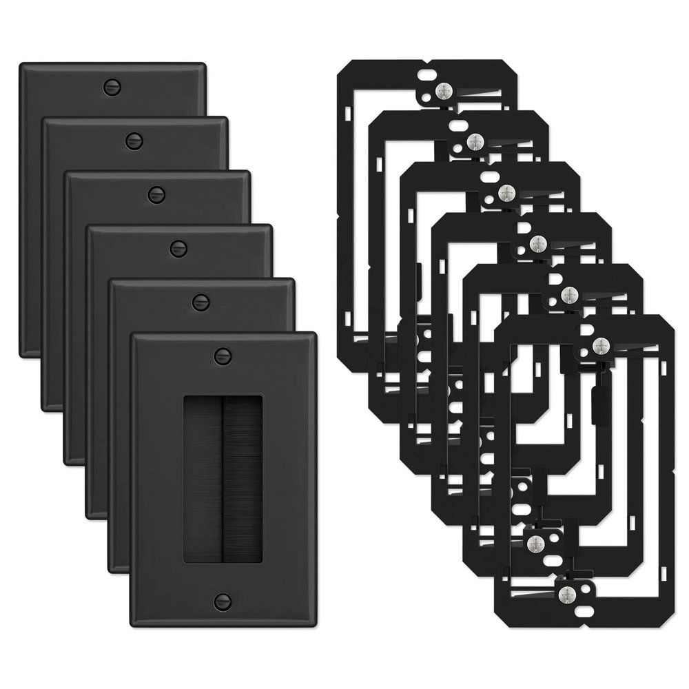Iwillink Brush Wall Plate with Low Voltage Mounting Bracket 6-Pack, Cable Pass Through Insert for Wires, Single Gang Cable Access Strap, Wall Socket for HDTV, Home Theater Systems (Black)