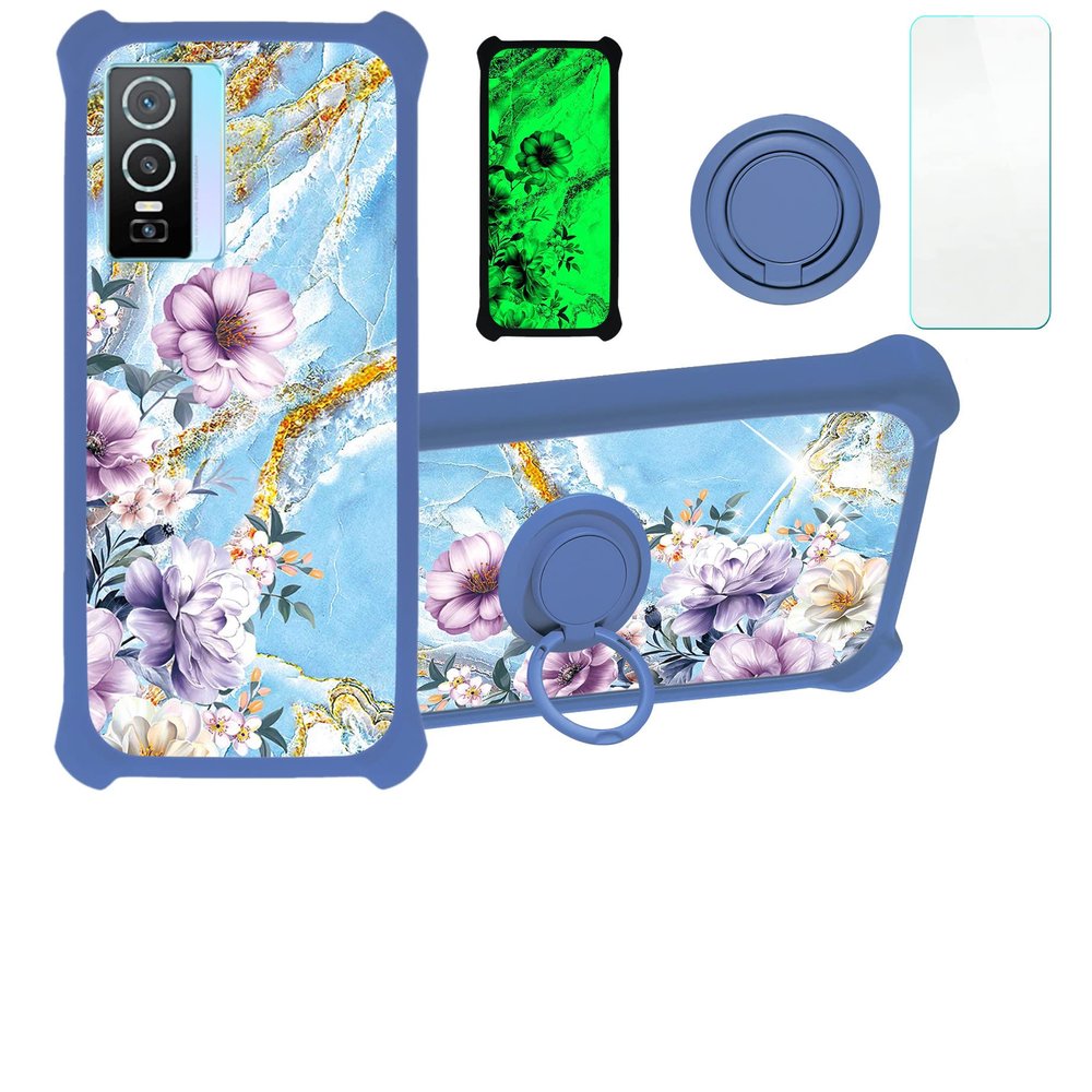 Case for VIVO Y76 5G Case Compatible with VIVO Y76 5G Phone Case Cover [with Tempered Glass Screen Protector][PC + TPU 2 in 1][Ring Support] [Gold Glitter+Luminous] JSL-SZH