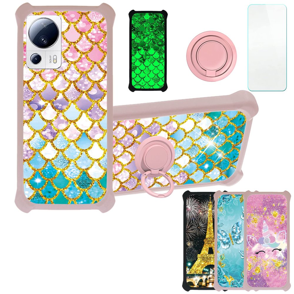 Case for Xiaomi Civi 3 Case Compatible with Xiaomi Civi 3 Phone Case Cover [with Tempered Glass Screen Protector][PC + TPU 2 in 1][Ring Support] [Gold Glitter+Luminous] JSF-YL