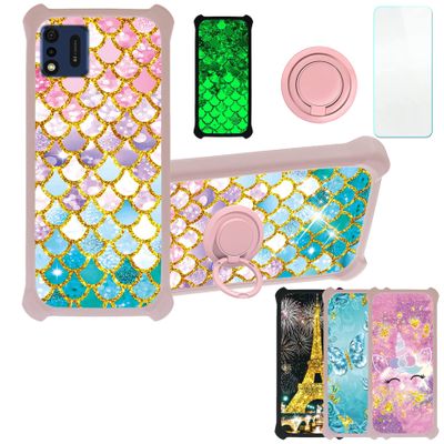 IMO Q5 Case Compatible with IMO Q5 Phone Case Cover [with Tempered Glass Screen Protector][PC + TPU 2 in 1][Ring Support] [Gold Glitter+Luminous] JSF-YL
