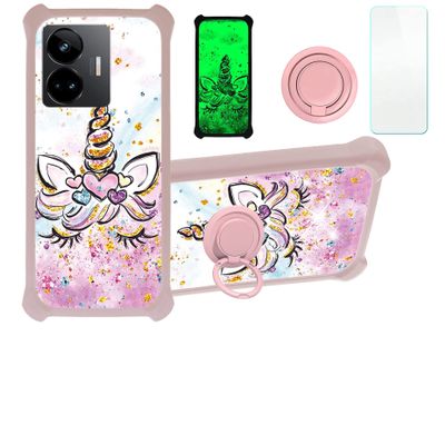 Case for Realme GT3 Case Compatible with Realme GT3 Phone Case Cover [with Tempered Glass Screen Protector][PC + TPU 2 in 1][Ring Support] [Gold Glitter+Luminous] JSF-JJS