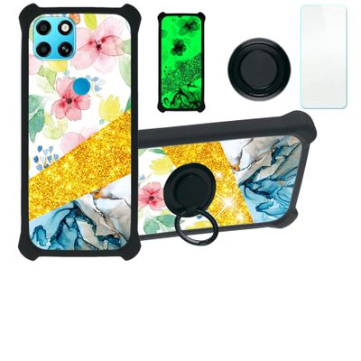 Case for Infinix Smart 6 Case Compatible with Infinix Smart 6 Phone Case Cover [with Tempered Glass Screen Protector][PC + TPU 2 in 1][Ring Support] [Gold Glitter+Luminous] JSH-SHS