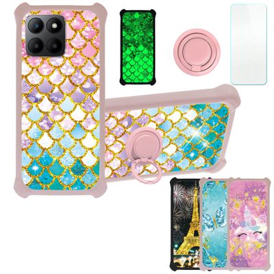 Case for Honor 70 Lite Case Compatible with Honor 70 Lite Phone Case Cover [with Tempered Glass Screen Protector][PC + TPU 2 in 1][Ring Support] [Gold Glitter+Luminous] JSF-YL