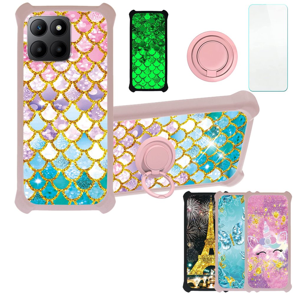 Case for Honor 70 Lite Case Compatible with Honor 70 Lite Phone Case Cover [with Tempered Glass Screen Protector][PC + TPU 2 in 1][Ring Support] [Gold Glitter+Luminous] JSF-YL