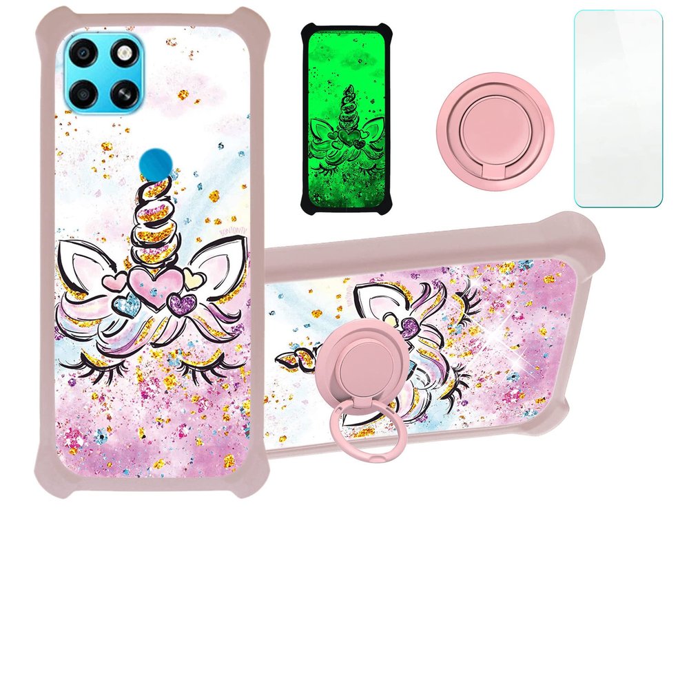 Case for Infinix Smart 6 Case Compatible with Infinix Smart 6 Phone Case Cover [with Tempered Glass Screen Protector][PC + TPU 2 in 1][Ring Support] [Gold Glitter+Luminous] JSF-JJS