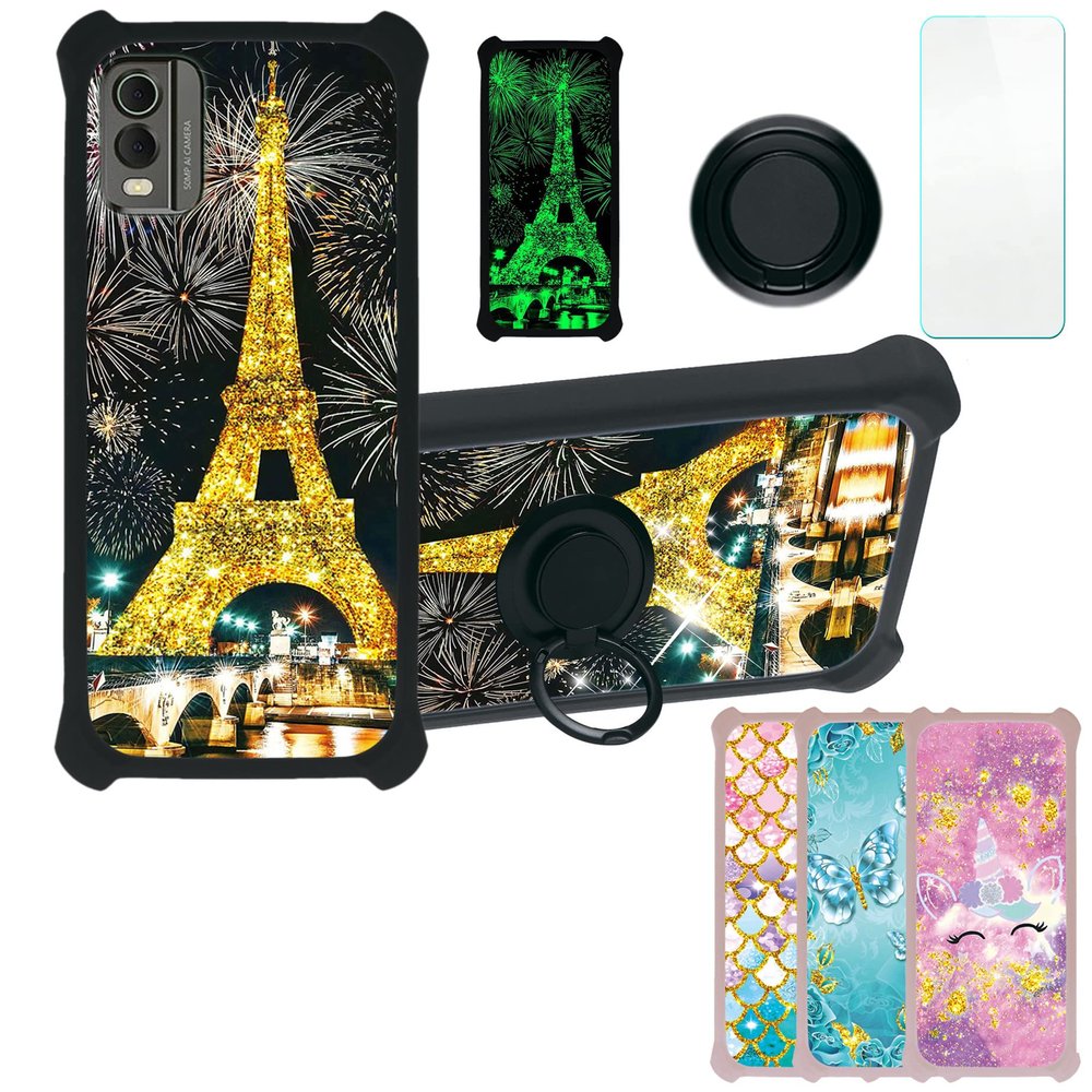 Case for Nokia C32 Case Compatible with Nokia C32 Phone Case Cover [with Tempered Glass Screen Protector][PC + TPU 2 in 1][Ring Support] [Gold Glitter+Luminous] JSH-TT