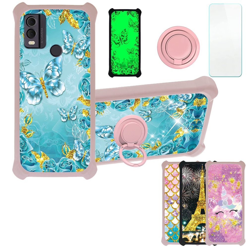 Case for Nokia C22 Case Compatible with Nokia C22 Phone Case Cover [with Tempered Glass Screen Protector][PC + TPU 2 in 1][Ring Support] [Gold Glitter+Luminous] JSF-YHD