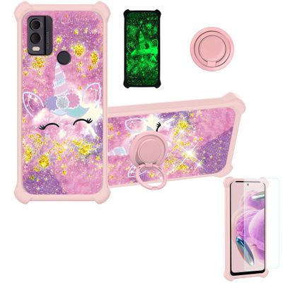 Case for Nokia C22 Case Compatible with Nokia C22 Phone Case Cover [with Tempered Glass Screen Protector][PC + TPU 2 in 1][Ring Support] [Gold Glitter+Luminous] JSF-DJS