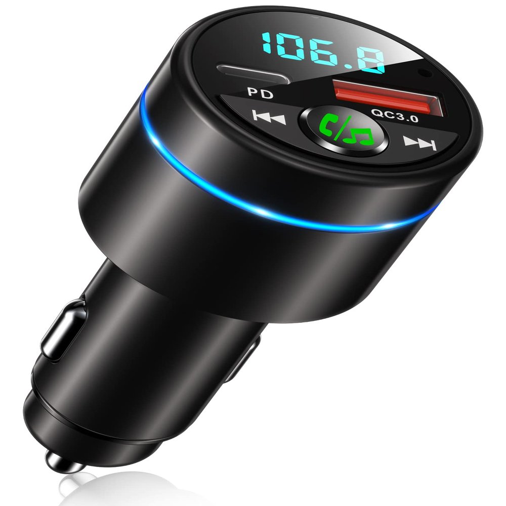 RIWUSI FM Transmitter for Car Bluetooth 5.3, [All-Metal] PD 30W & QC3.0 18W Fast Car Charger, Wireless FM Radio Car Kit Bluetooth Car Adapter, Noise Cancelling Hands-Free Call, Blue Light - Black