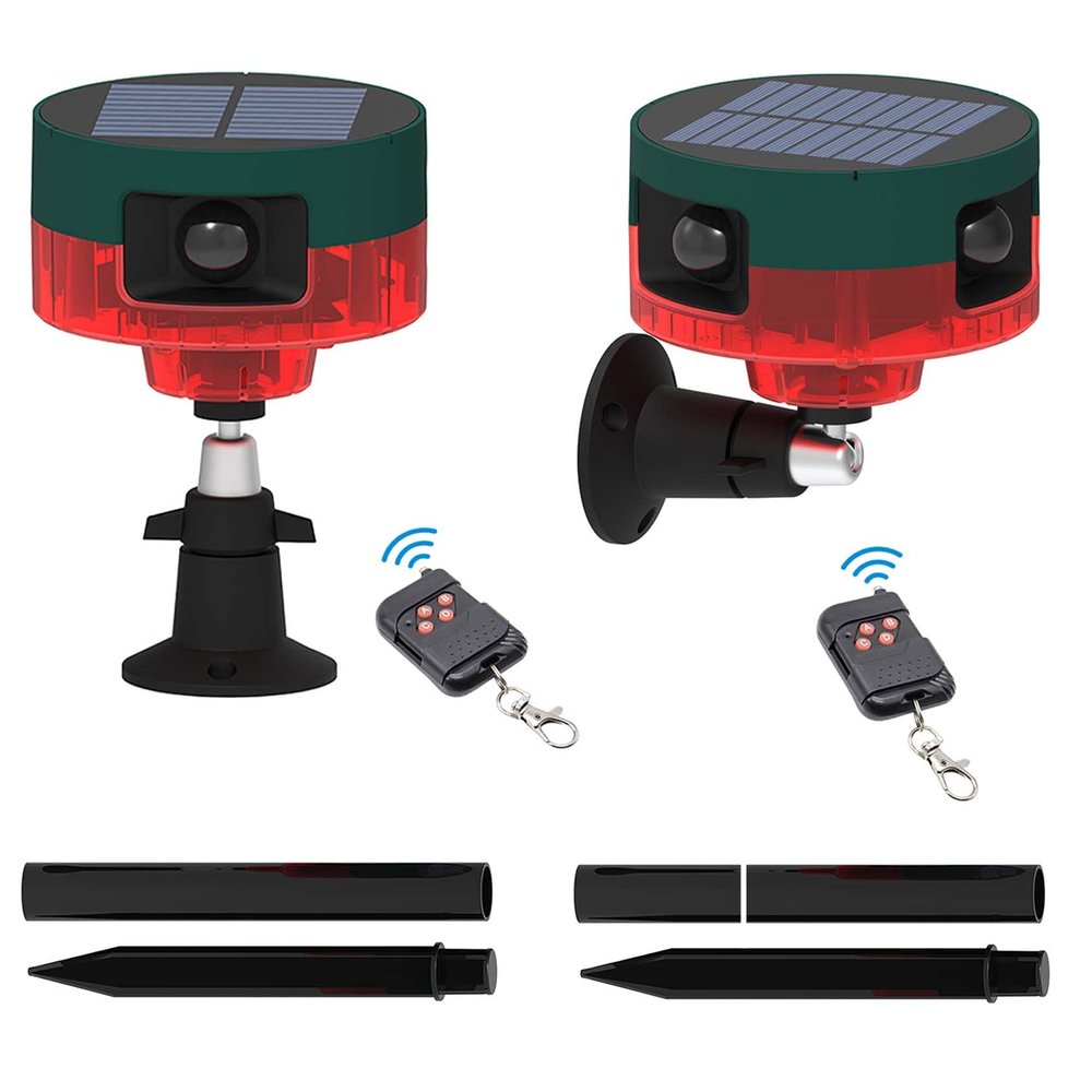 LAFEINA Solar Sound & Strobe Light Alarm 360 Motion Detector, Record 20S Custom Message Siren Security Alert System for Farm Barn Villa (2 Pack, Red)