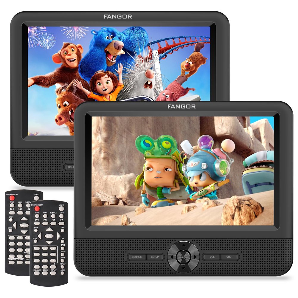 Car DVD Player Dual Screen, FANGOR 7.5 Inch DVD Player for Car Play The Same or Two Different Movies with Headrest Straps, Support Last Memory, AV Out/in, USB/SD Card, All Regions