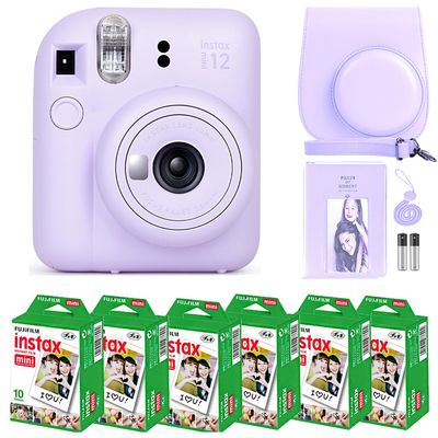 Fujifilm Instax Mini 12 Instant Camera Lilac Purple and Fuji Film Value Pack (60 Sheets) Bundle with Sturdy Tiger Accessories, Carrying Case, Photo Album 64 Pockets.