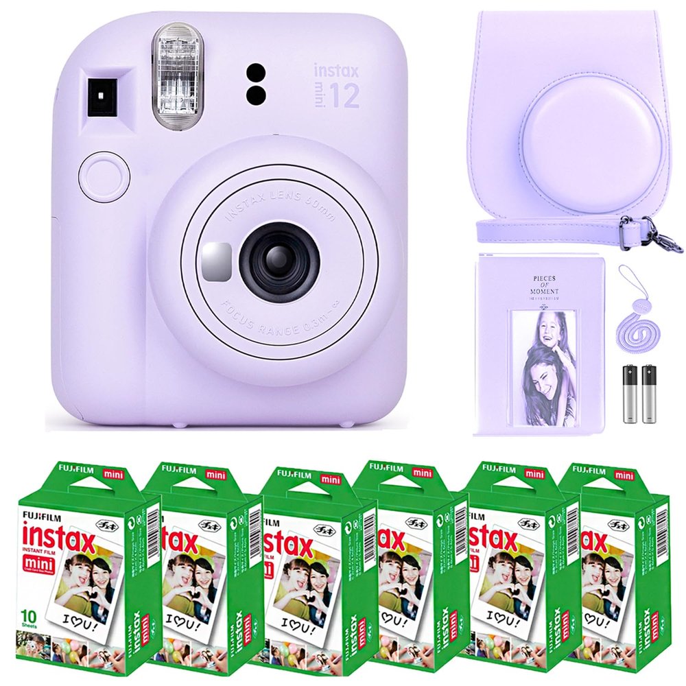 Fujifilm Instax Mini 12 Instant Camera Lilac Purple and Fuji Film Value Pack (60 Sheets) Bundle with Sturdy Tiger Accessories, Carrying Case, Photo Album 64 Pockets.