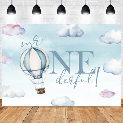 1st Happy Birthday Backdrop for Boy Mr.Onederful Baby Boy Kids One Year Old Party Decorations Banner Supplies Blue Clouds Hot Air Balloon Photography Background Props 10x7ft