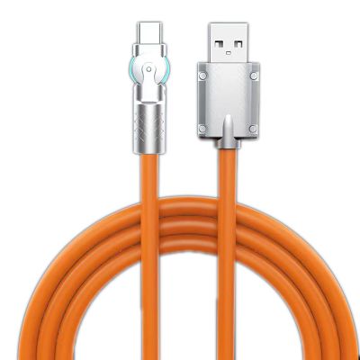 Tecsee 180 Degree Rotation 120W 5A Super Fast Charging Cable Liquid Silicone OD6.0 Thickened Zinc Alloy Micro USB Type-C Charger Positive and Negative Blind Plug Data Cable(USB to Type-C/Orange/1.5M)