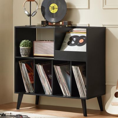 LELELINKY Large Record Player Stand, Turntable Stand with Storage, Vinyl Record Holder with Display Area, Record Player Table Holds Up to 300 Albums, Record Stand for Music room Living Room-Reto Black