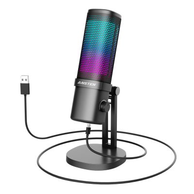 ANSTEN Gaming Mic, USB Condenser Microphone for PC/PS4/PS5/ Mac, RGB, Mute Touch, Pop Filter, Gain Knob, Monitoring for Streaming Podcast