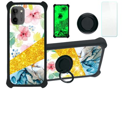Case for HTC Wildfire E Plus Case Compatible with HTC Wildfire E Plus Phone Case Cover [with Tempered Glass Screen Protector][PC + TPU 2 in 1][Ring Support] [Gold Glitter+Luminous] JSH-SHS