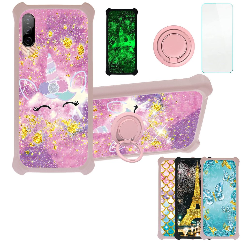 Case for HTC Desire 22 Pro 5g Case Compatible with HTC Desire 22 Pro 5g Phone Case Cover [with Tempered Glass Screen Protector][PC + TPU 2 in 1][Ring Support] [Gold Glitter+Luminous] JSF-DJS