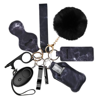 Safety Keychain Set for Women and Kids,Personal Safety Alarm,Soft Pom Pom and Whistle (Black)