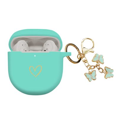 AIIEKZ Compatible with Bose QuietComfort Earbuds II 2022, Soft Silicone Case with Gold Heart Pattern for Bose QC II Case with Cute Butterfly Keychain for Girls Women (Mint Green)