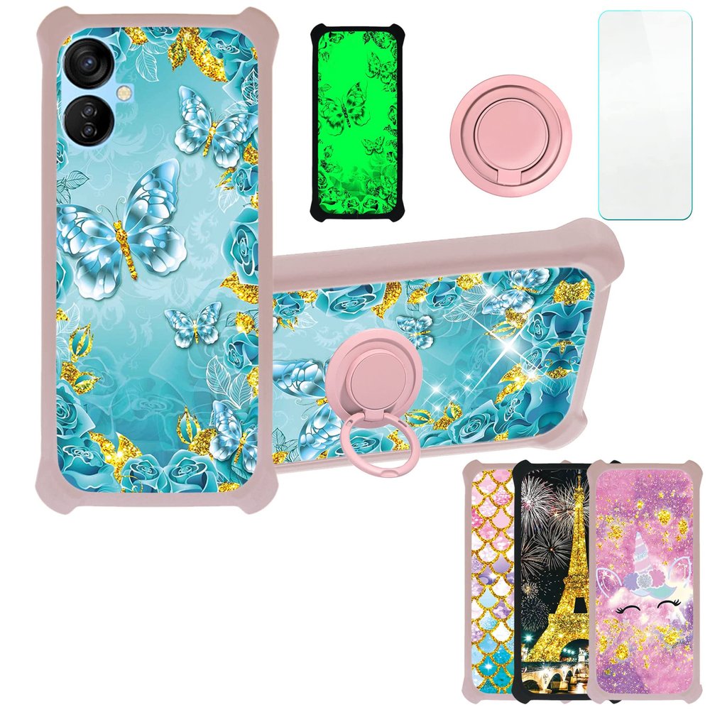 Case for Tecno Spark 9t Case Compatible with Tecno Spark 9t Phone Case Cover [with Tempered Glass Screen Protector][PC + TPU 2 in 1][Ring Support] [Gold Glitter+Luminous] JSF-YHD
