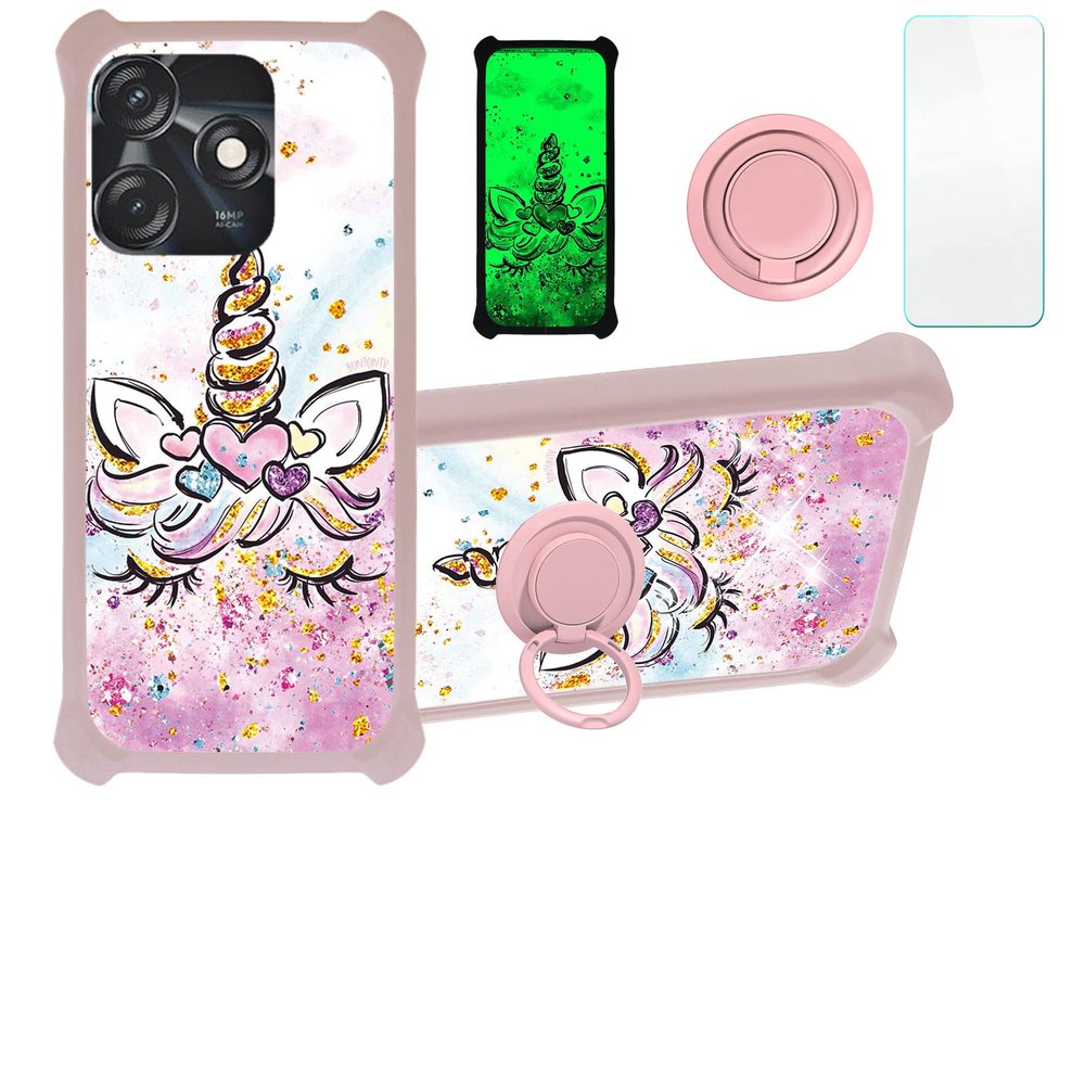 Case for Tecno Spark 10C Case Compatible with Tecno Spark 10C Phone Case Cover [with Tempered Glass Screen Protector][PC + TPU 2 in 1][Ring Support] [Gold Glitter+Luminous] JSF-JJS