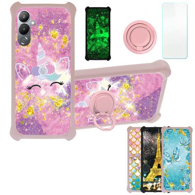Case for Tecno POVA 4 Case Compatible with Tecno POVA 4 Phone Case Cover [with Tempered Glass Screen Protector][PC + TPU 2 in 1][Ring Support] [Gold Glitter+Luminous] JSF-DJS
