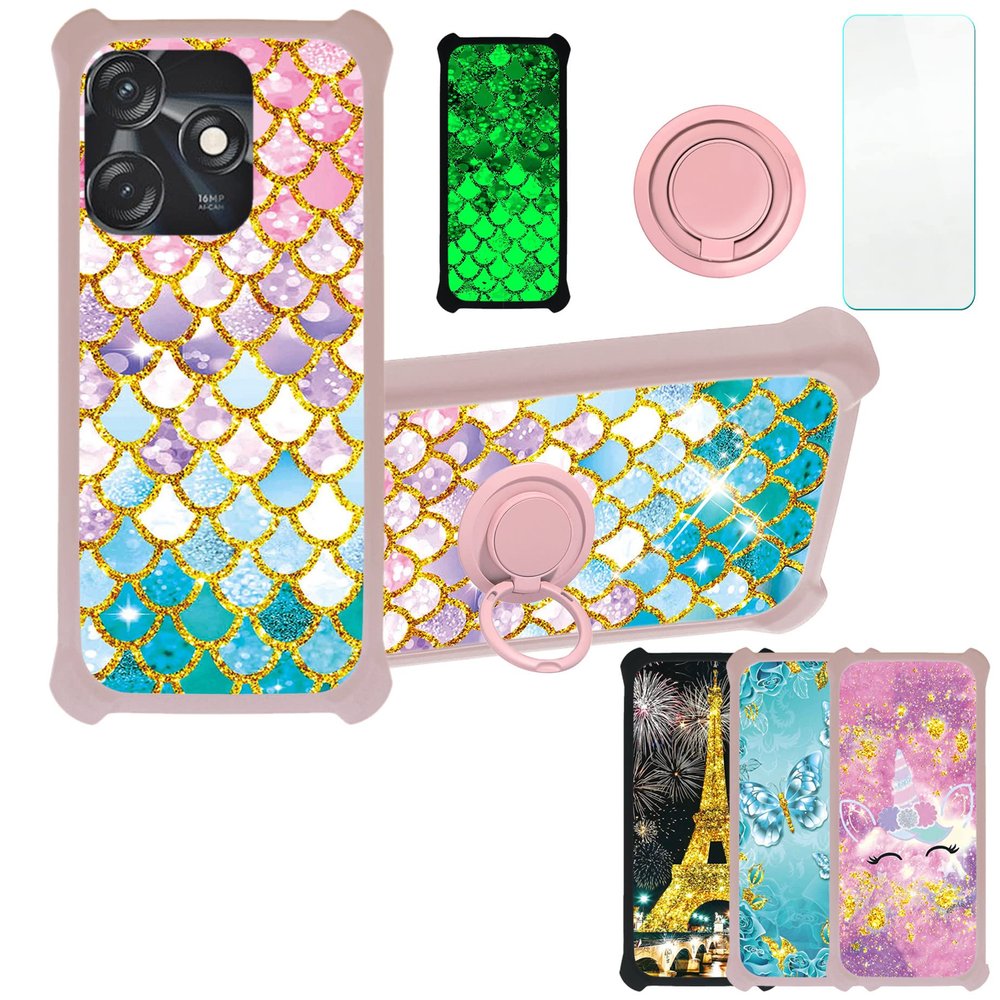 Case for Tecno Spark 10C Case Compatible with Tecno Spark 10C Phone Case Cover [with Tempered Glass Screen Protector][PC + TPU 2 in 1][Ring Support] [Gold Glitter+Luminous] JSF-YL