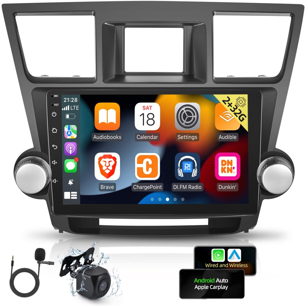 [2G+32G] Car Radio for Toyota Highlander 2009-2014, 10.1 inches Touch Screen Android Car Stereo, Carplay/Android Auto/1080P/Bluetooth/SWC + AHD Backup Camera + MIC