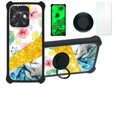 Case for Tecno Spark 10C Case Compatible with Tecno Spark 10C Phone Case Cover [with Tempered Glass Screen Protector][PC + TPU 2 in 1][Ring Support] [Gold Glitter+Luminous] JSH-SHS