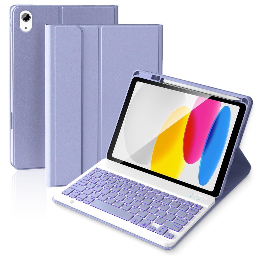 ABEIFAN for iPad A16 11th/10th Generation Case with Keyboard, 7 Colors Backlit Wireless Detachable Folio, Keyboard Cover for iPad 11 inch A16 2025/10th Gen 10.9 inch 2022 with Pencil Holder, Purple