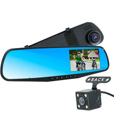 Audiotek 4.3 Dual Mirror Dash Cam, Built in DVR with G Sensor Front Rear View HD Camera Reverse Monitor Loop Recording 170 Degree Wide Angle Support 32GB Full HD 1080P