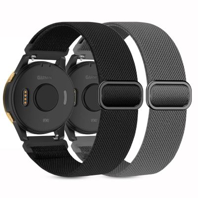 Kollody 2 Pack Stretchy Nylon Watch Bands Compatible with Garmin Vivoactive 5/6/Forerunner 55/165,20mm Soft Elastic Fabric Adjustable Replacement Sport Straps for Garmin Venu Sq 2 Women Men