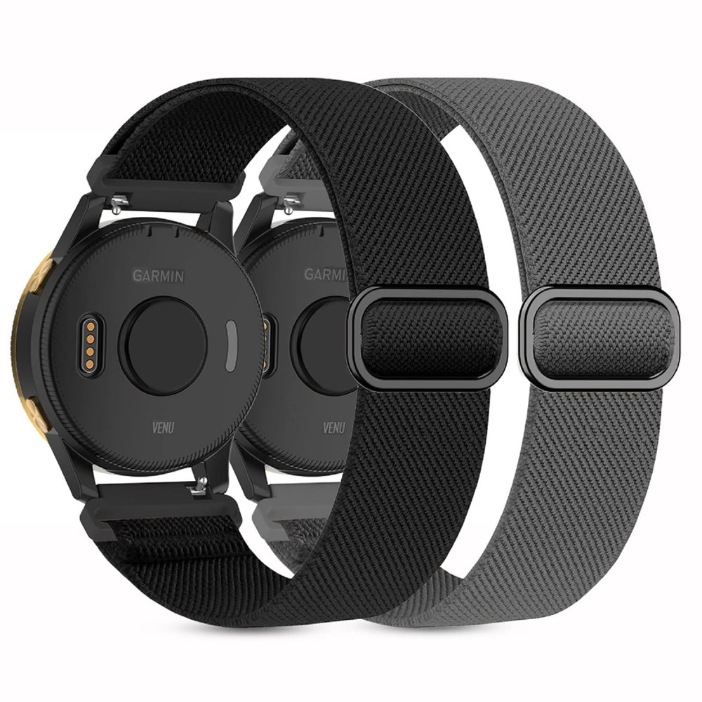 Kollody 2 Pack Stretchy Nylon Watch Bands Compatible with Garmin Vivoactive 5/6/Forerunner 55/165,20mm Soft Elastic Fabric Adjustable Replacement Sport Straps for Garmin Venu Sq 2 Women Men