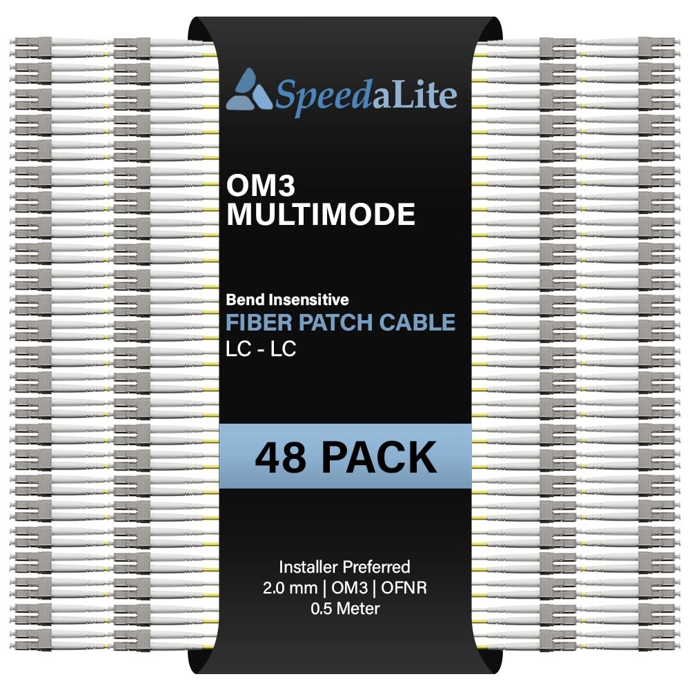 0.5 Meter - 48 Pack OM3 Multimode Duplex Fiber Patch Cable, LC-LC Connector, 10Gig OFNR Rated, High Speed Corning Glass for Network, Data Center, LAN, FTTH, Telecom