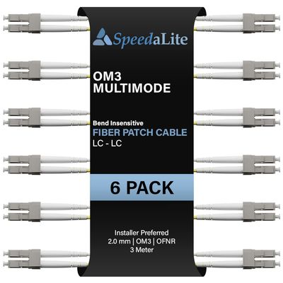 3 Meter - 6 Pack OM3 Multimode Duplex Fiber Patch Cable, LC-LC Connector, 10Gig OFNR Rated, High Speed Corning Glass for Network, Data Center, LAN, FTTH, Telecom