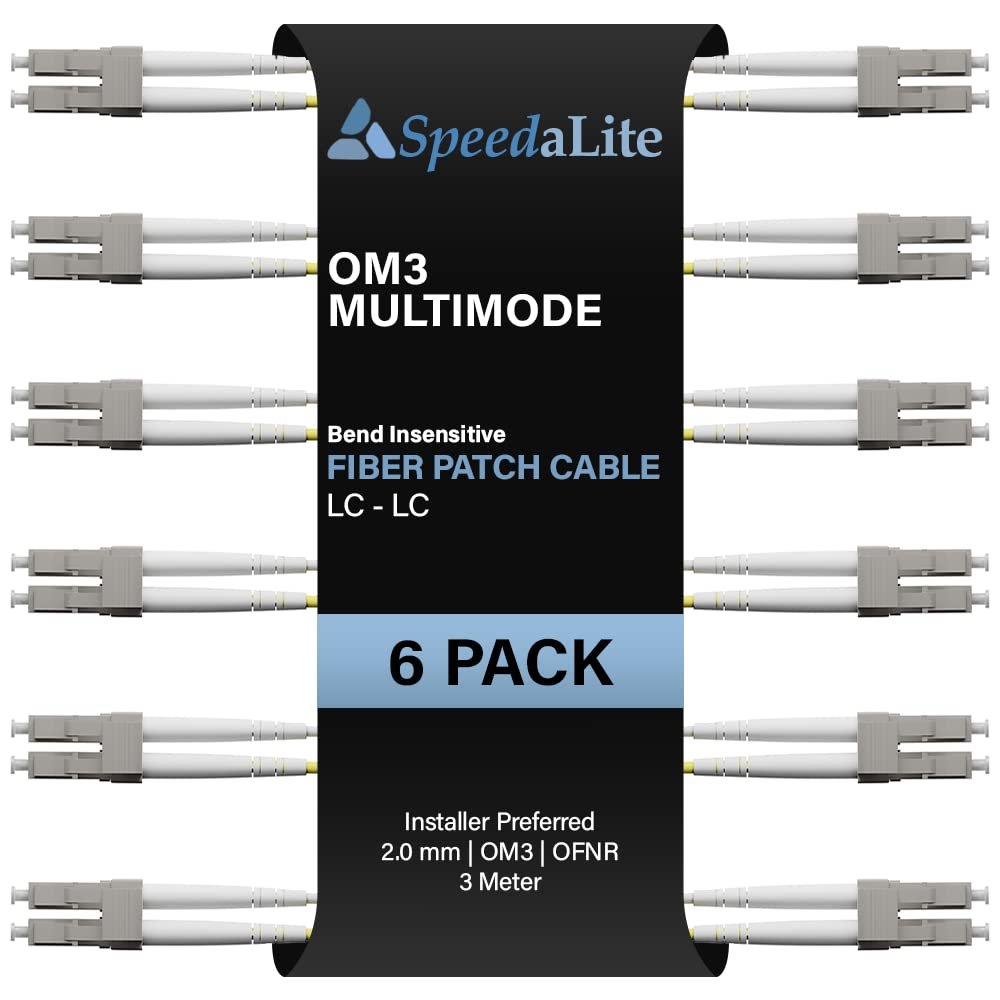 3 Meter - 6 Pack OM3 Multimode Duplex Fiber Patch Cable, LC-LC Connector, 10Gig OFNR Rated, High Speed Corning Glass for Network, Data Center, LAN, FTTH, Telecom