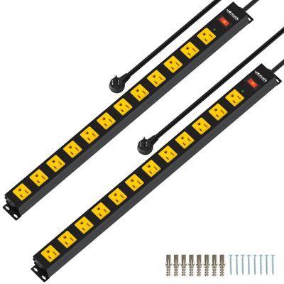 12 Outlet Long Power Strip, 2100 Joules Surge Protector, 6FT Power Cord, Wide Spaced Outlet Power Bar, Overload Protection Switch, Industrial Heavy Duty for Work Bench, Shop, Garage, 2 Pack