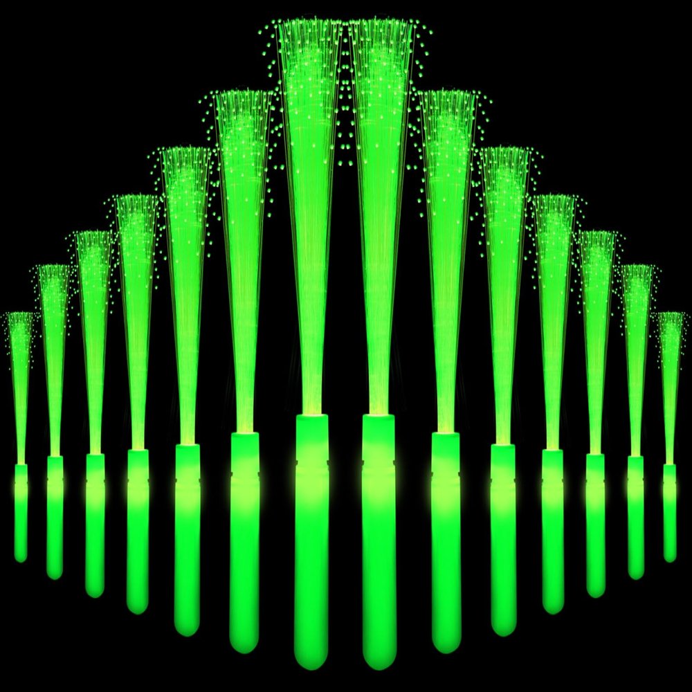 24 Pack Green Glow Sticks Light Up Fiber Optic Stick Glow Wands Bulk with 3 Flashing Models for Christmas St Patrick's Day Easter Party Favors Concerts Clubs